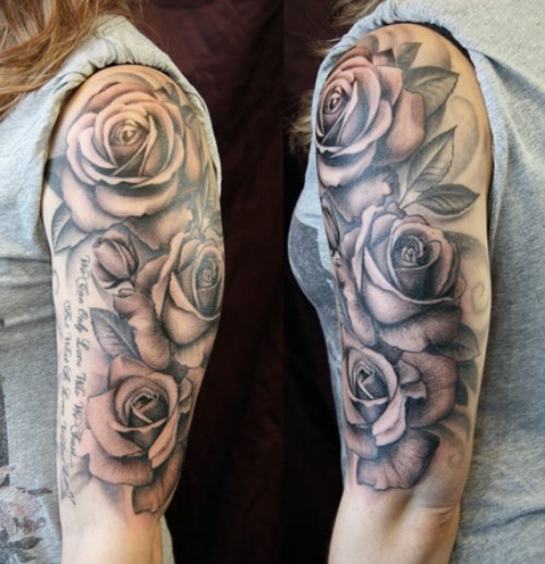 Grey Ink Rose Flowers and Black And White Tattoo